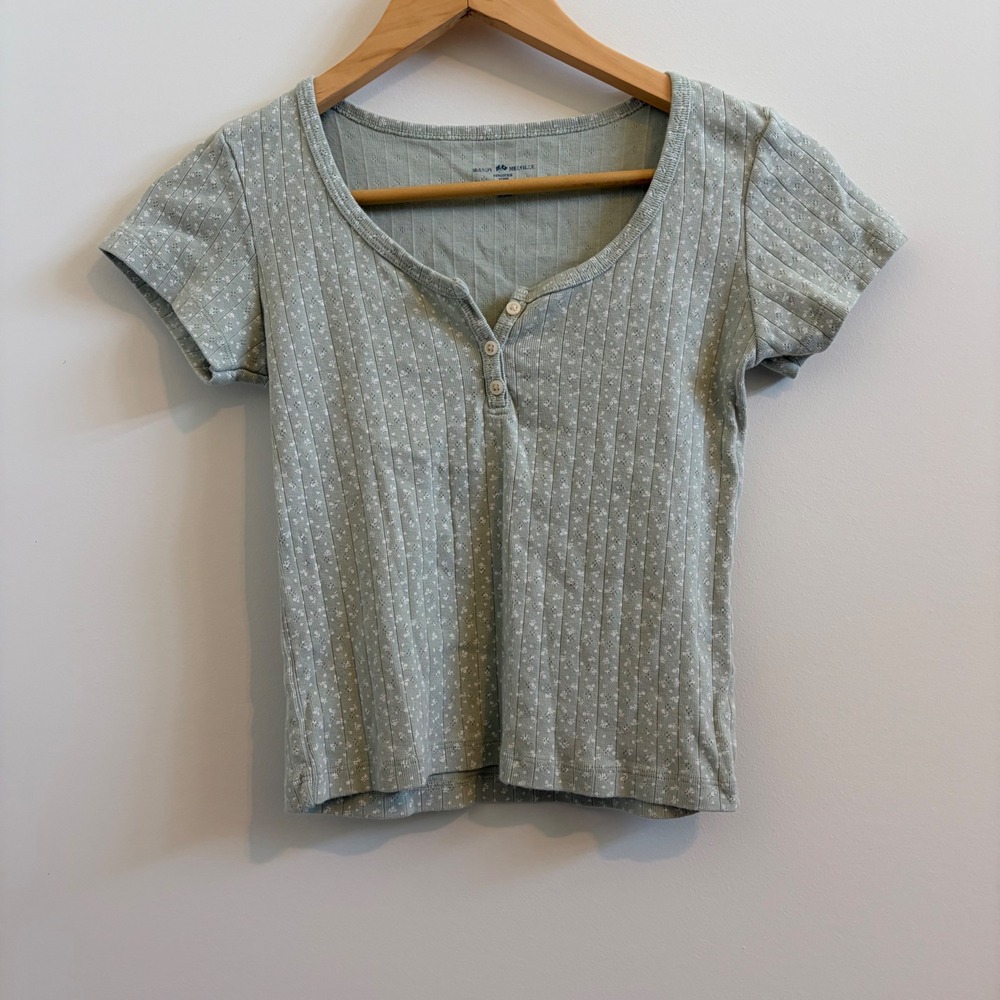 Brandy Melville Sage Green Floral Pointelle Ribbed Henley Top One Size